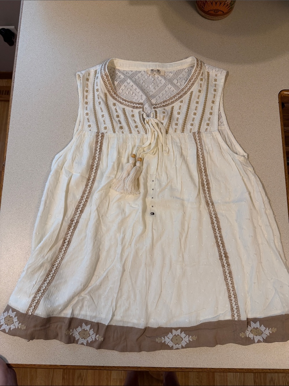 Miss Me Cream Sleeveless Boho Tassel Camisole with Tan Trim